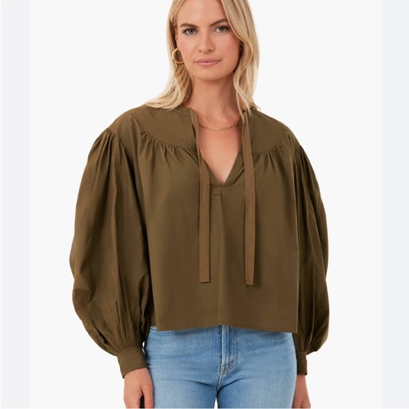 Ulla Johnson Delaney Blouse Olive Green Cotton Puff Sleeve Top Size 4 Boho Chic - Picture 4 of 12
